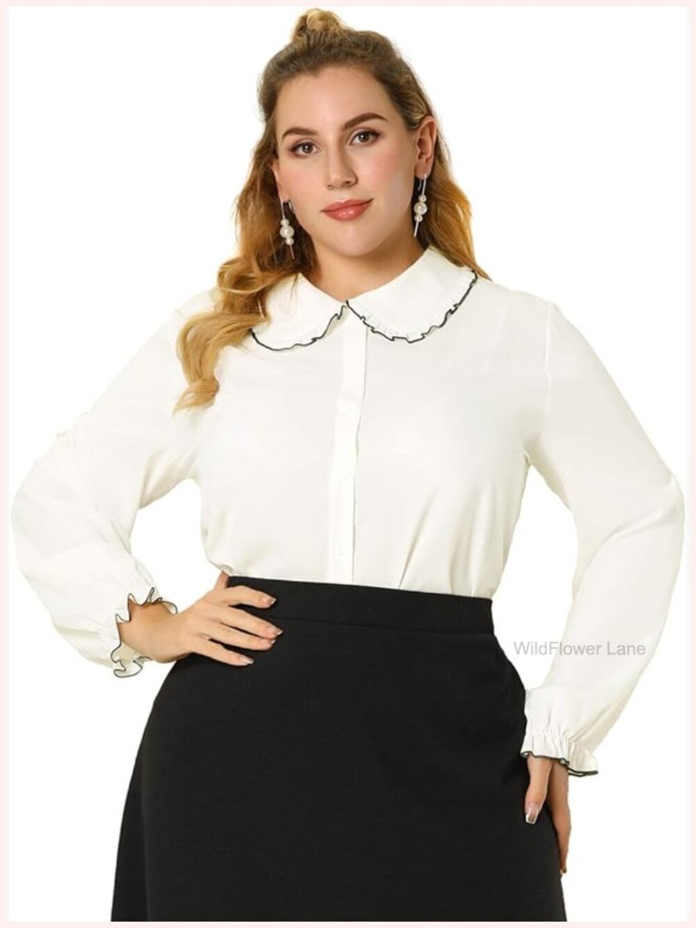 Plus Size Chiffon Blouse, Long Sleeve Button Down Shirt with Peter Pan Collar